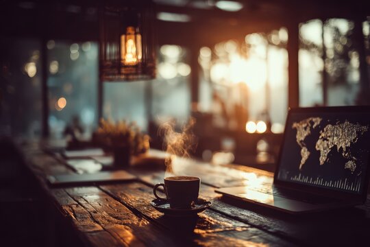 Cozy modern workspace illuminated by golden sunlight showcasing a steaming coffee cup and a laptop with a world map prompting creative inspiration and focus in a serene setting - Powered by Adobe