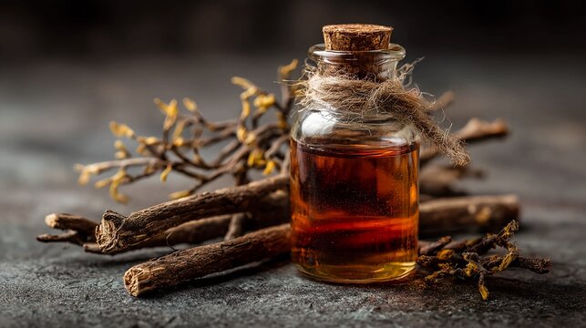 Captivating amber liquid in rustic glass bottle, accented by dried botanical elements, evoking natural wellness and artisanal craftsmanship for your next project - Powered by Adobe