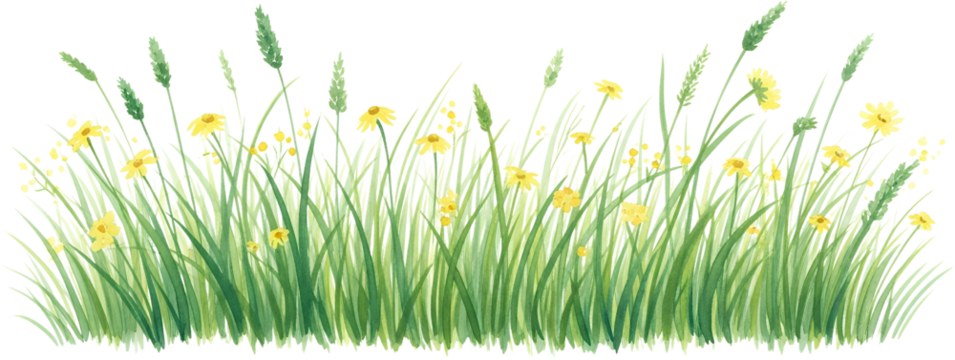 Lush green grass and bright yellow wildflowers watercolor border detailed botanical illustration with varying heights of plant life nature meadow summer