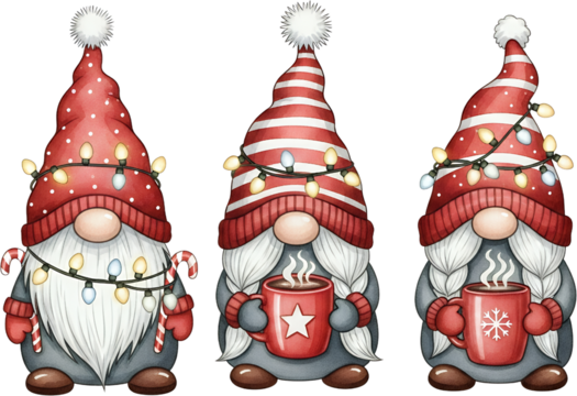 Three whimsical watercolor gnomes in red hats adorned with festive lights holding mugs with steaming drinks and one with a candy cane christmas holiday