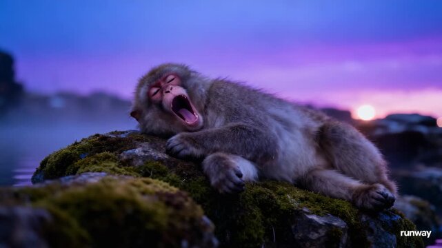 A serene image of a monkey resting on a mossy rock at sunset, showcasing the beauty of wildlife in its natural habitat. The vibrant colors create a peaceful atmosphere.