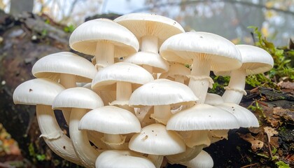 A close-up view of a cluster of delicate, creamy-white mushrooms growing on a log, showcasing their intricate textures and detailed caps.