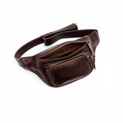 Naklejka premium Dark brown leather waist bag isolated on white background, perfect for leather product catalog design