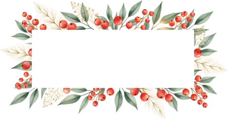 Festive watercolor border with red berries green leaves and delicate golden pine needles framing a transparent black rectangle holiday frame decoration