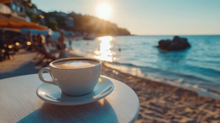 Coffee cup with latte art on table by the beach at sunset
