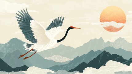 Majestic Crane Soaring Over Misty Mountains at Sunrise