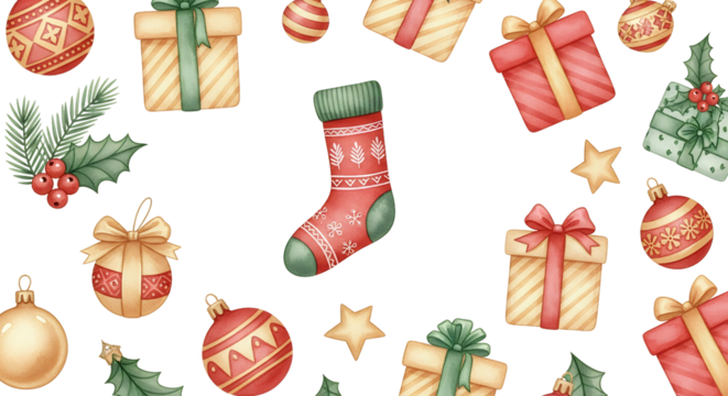 Festive Christmas Ornaments Presents Holly And A Stocking Scattered Across A Transparent Background Creating A Joyful Holiday Pattern Season Celebration Winter