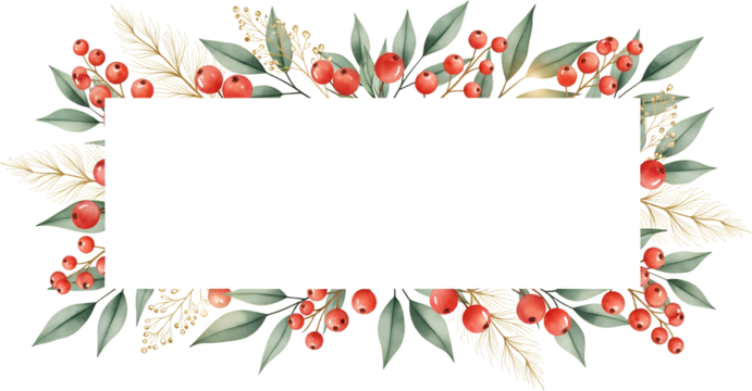 Festive watercolor border with red berries green leaves and delicate golden pine needles framing a transparent black rectangle holiday frame decoration
