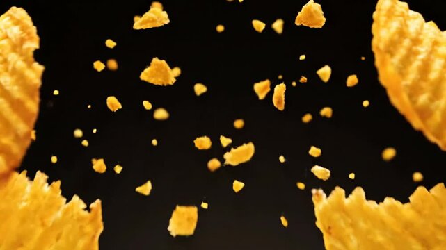 Close up shot of potato chips falling on a black background suitable for food advertising, snack presentation, restaurant menu, commercial promo, product showcase.