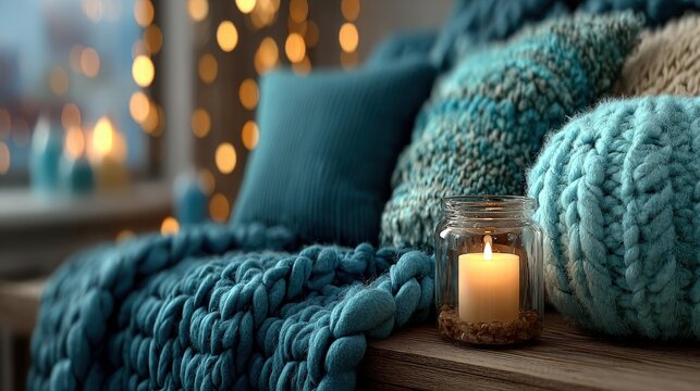 Cozy winter setting with warm candlelight and knitted blankets for a comfortable home atmosphere