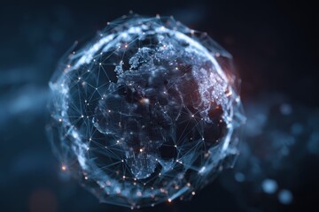 Futuristic blockchain technology background featuring a digital representation of a global network with interconnected nodes and data streams