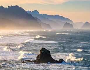 A dramatic coastal scene showcases powerful waves crashing against a rugged coastline, softened by a hazy golden light.