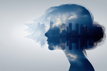 Ethereal silhouette of a woman formed by a dynamic city skyline reflecting the intricate interplay between urban identity and personal growth in an artistic representation of duality
