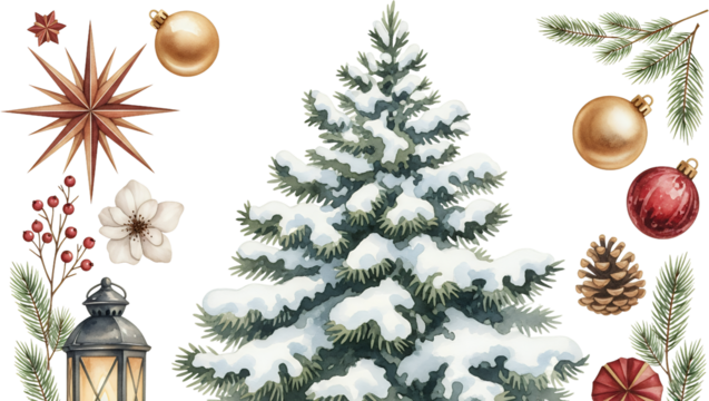 A festive collection featuring a snow covered pine tree golden star berries white flower glass ornaments pinecone and a lantern set against a transparent background