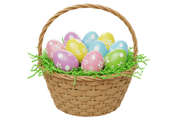 Isolated wicker basket filled with colorful pastel Easter eggs with floral and polka dot patterns and green shredded grass a festive spring holiday