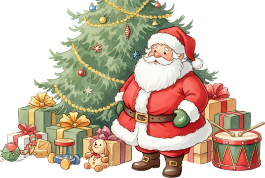 A cheerful Santa Claus stands beside a decorated Christmas tree surrounded by wrapped presents toys and a drum with drumsticks all rendered in a watercolor style - Powered by Adobe