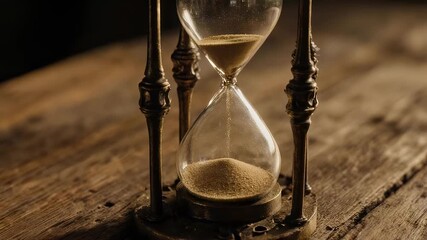 An ornate hourglass with sand flowing, resting on a rough wooden surface. Dark background - Powered by Adobe