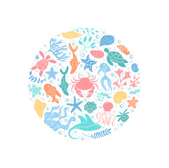 Obraz premium Round underwater concept with marine life. Circle design featuring fish, aquatic creatures, and ocean elements. Swirl cartoon graphic style creates a vivid background for aquatic themes and summer