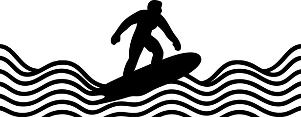 Silhouette of a surfer riding a wave on a surfboard isolated on white background