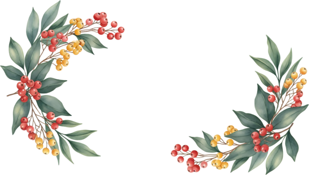Decorative elements featuring watercolor branches with red and yellow berries and green leaves arranged in opposite corners Berry Leaf Nature Autumn Winter