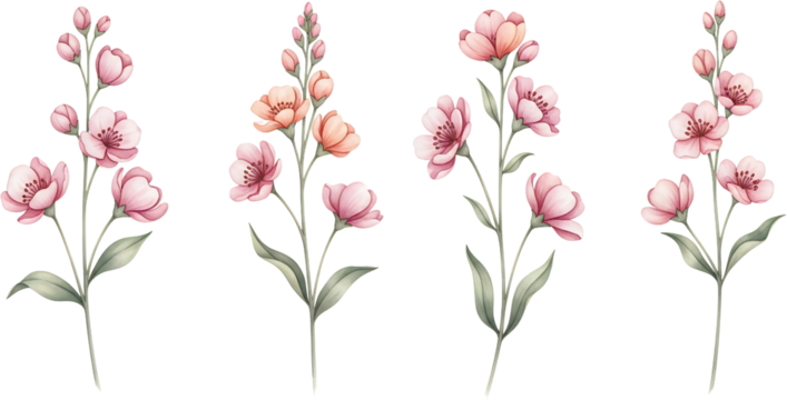 Delicate pink and peach blossoms on slender stems with subtle green leaves depicted in watercolor style set against a transparent background pink flowers