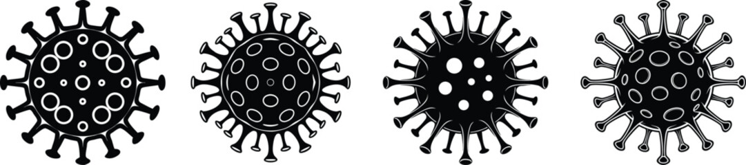 Four black silhouette virus particles with spikes isolated on white background