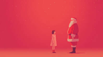 A young girl stands facing a jolly bearded man in a red suit holding a sack on a red background