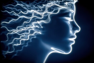 Obraz premium Ethereal outline of a serene woman illuminated by luminous flowing lines expressing dynamic thoughts and emotions in a captivating abstract artistic composition