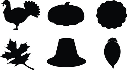 Collection of thanksgiving holiday icons including a turkey pumpkin hat and leaf silhouette isolated on white background