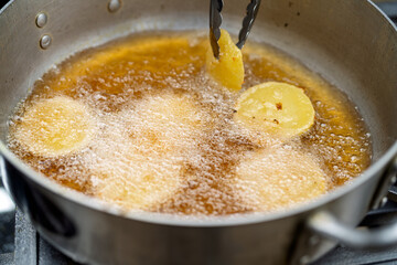 Food deep frying in hot oil for cooking