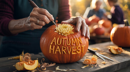 Hands Carving 'Autumn Harvest' into a Pumpkin with Decorative Flower and Tools for Fall Season