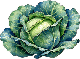 A close up watercolor illustration of a fresh green cabbage head with layered leaves in shades of light and dark green vegetable food healthy organic natural