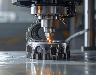 Precision metalworking machine processes a complex metal part with focused heat application.
