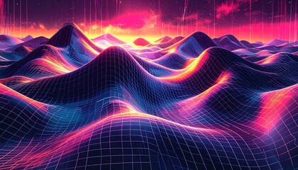 Vibrant retro-futuristic digital landscape with neon grid mountains, glowing peaks, and a dynamic synthwave sunset. Abstract sci-fi background.