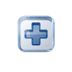 Fototapeta premium Glassy square button featuring a recessed, light-blue plus symbol on a white background