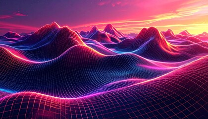 Vibrant neon digital landscape with glowing grid lines forming abstract waves and peaks against a colorful sunset. Futuristic tech background.