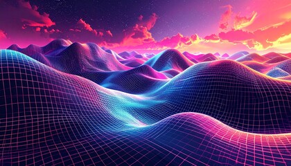 Retro-futuristic neon landscape with glowing wireframe grid hills under a vibrant sunset sky. Abstract digital terrain in synthwave style.