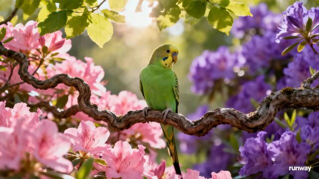 A vibrant green parakeet perched on a branch surrounded by colorful blooming flowers. The scene captures the beauty of nature, showcasing the harmony between wildlife and flora.