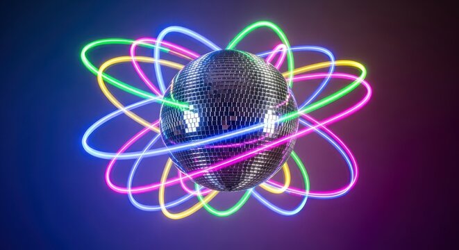Dazzling disco ball surrounded by vibrant, looping light trails for a dynamic energetic atmosphere - Powered by Adobe