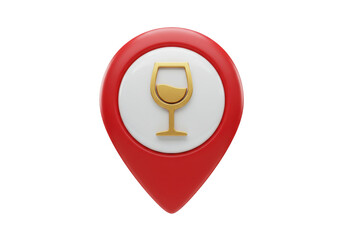 Isolated red map pin with golden wine glass icon 3D render location marker restaurant bar navigation concept for travel and leisure