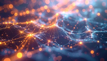 Abstract digital network background with glowing lines and dots, representing data flow, communication, and technological connections.