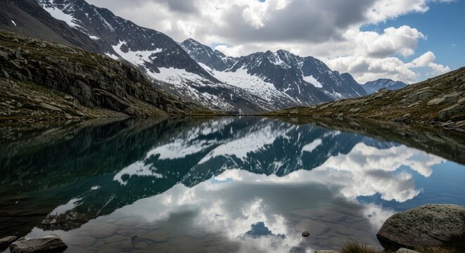 Serene mountain lake reflection of snow-capped peaks under a cloudy skyscape offers a tranquil vista