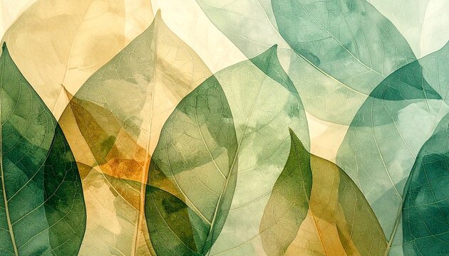 Abstract overlapping translucent leaves background with natural green and golden yellow tones, botanical art pattern