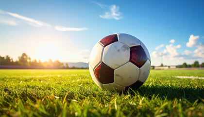 A soccer ball positioned on a grassy field with texture filling the bottom and clear sky above for contrast