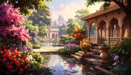 Fototapeta premium A vibrant garden, filled with colorful blossoms and serene structures, displays a tranquil atmosphere under a bright sun.