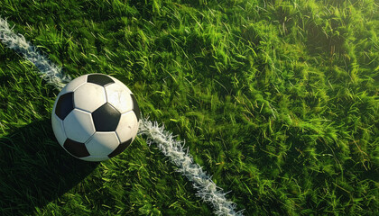 A top view of a classic soccer ball resting on a lush green grass field surrounded by open copy space for text