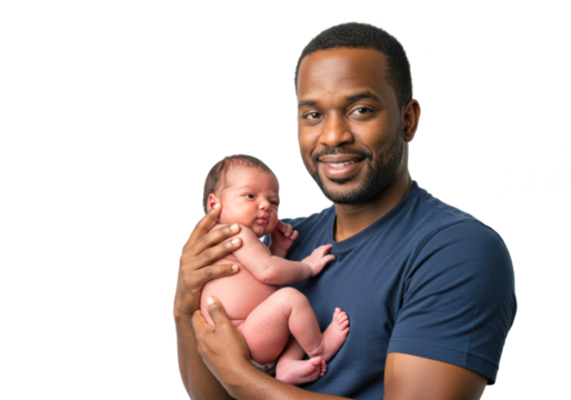 Portrait of a young Afro-American father tenderly holding his newborn baby, emotional concept for Father’s Day and parenting themes