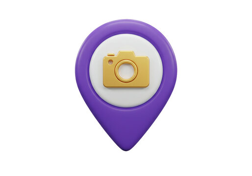 Isolated 3D render of a purple map pin with a golden camera icon inside a white circle representing a photo location or photography spot marker for travel and tourism applications