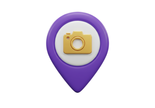 Isolated 3D render of a purple map pin with a golden camera icon inside a white circle representing a photo location or photography spot marker for travel and tourism applications