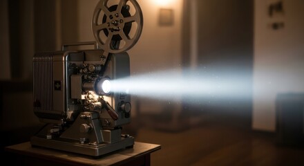 Vintage Film Projector Casting Light in a Dark Room Evoking Nostalgia for Classic Cinema